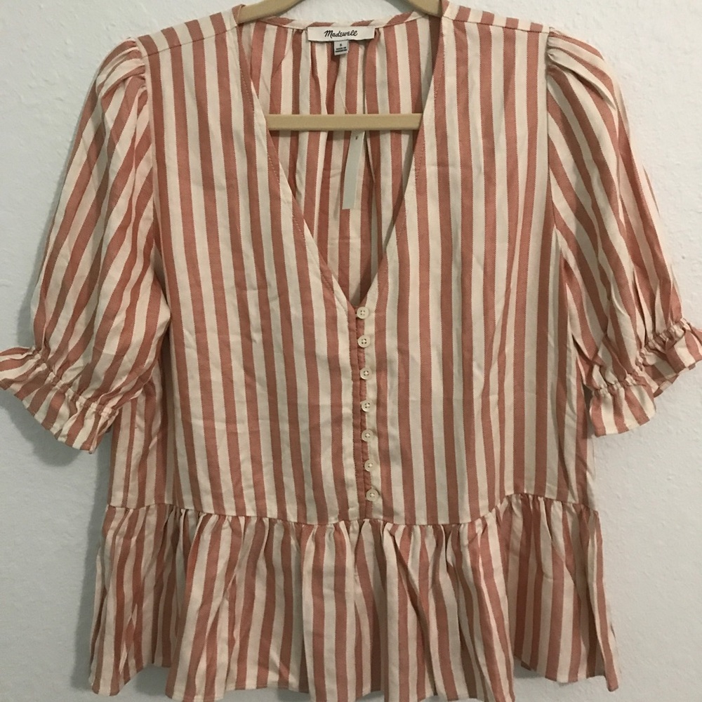 Madewell pink and white striped ruffle shirt